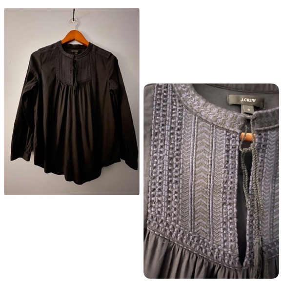 J. Crew Tops - J Crew Black & Deep Purple Embroidered Woman’s Long Sleeve Tassel Front Size 0
